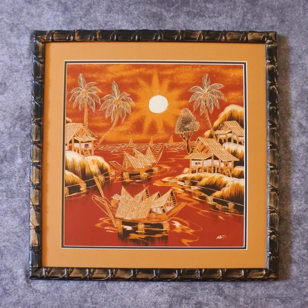 Vintage Indonesian Tropical Village Scene Framed Batik Artwork